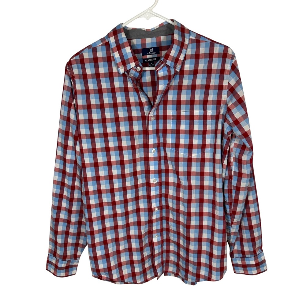 George Mens Classic Fit Red Blue Gingham Long Sleeve Button Down Shirt Size M